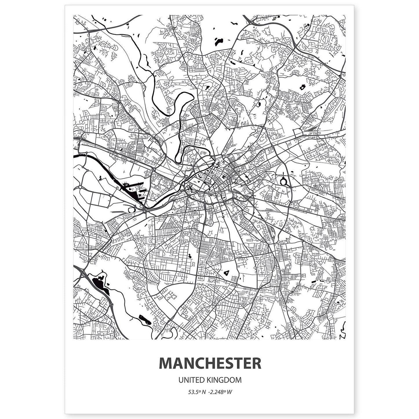 Poster con mapa de Manchester - Reino Unido. Láminas de ciudades de Reino Unido con mares y ríos en color negro.-Artwork-Nacnic-A4-Sin marco-Nacnic Estudio SL
