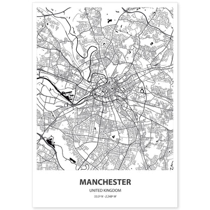 Poster con mapa de Manchester - Reino Unido. Láminas de ciudades de Reino Unido con mares y ríos en color negro.-Artwork-Nacnic-A4-Sin marco-Nacnic Estudio SL