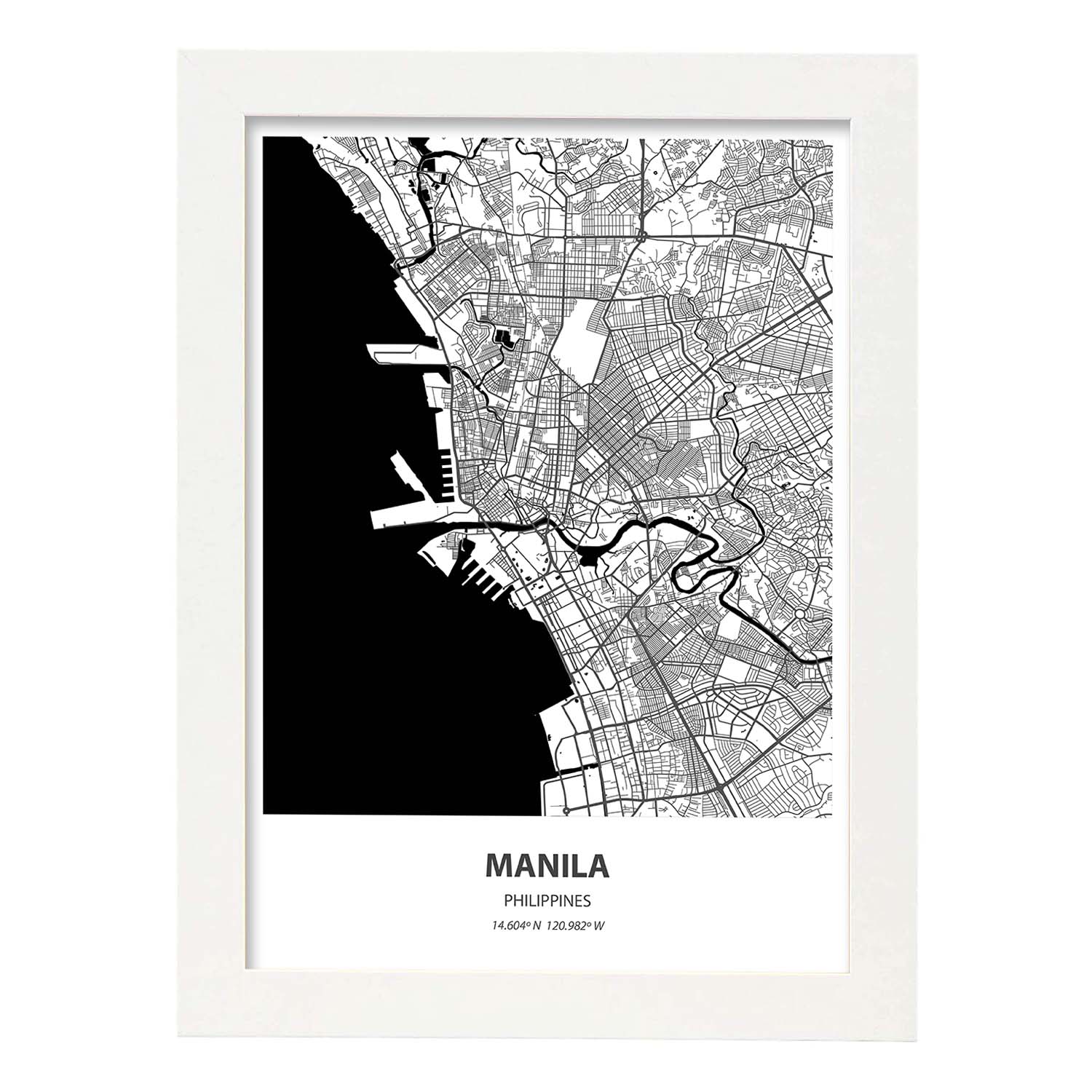 Poster con mapa de Manila - Filipinas. Láminas de ciudades de Asia con mares y ríos en color negro.-Artwork-Nacnic-A3-Marco Blanco-Nacnic Estudio SL
