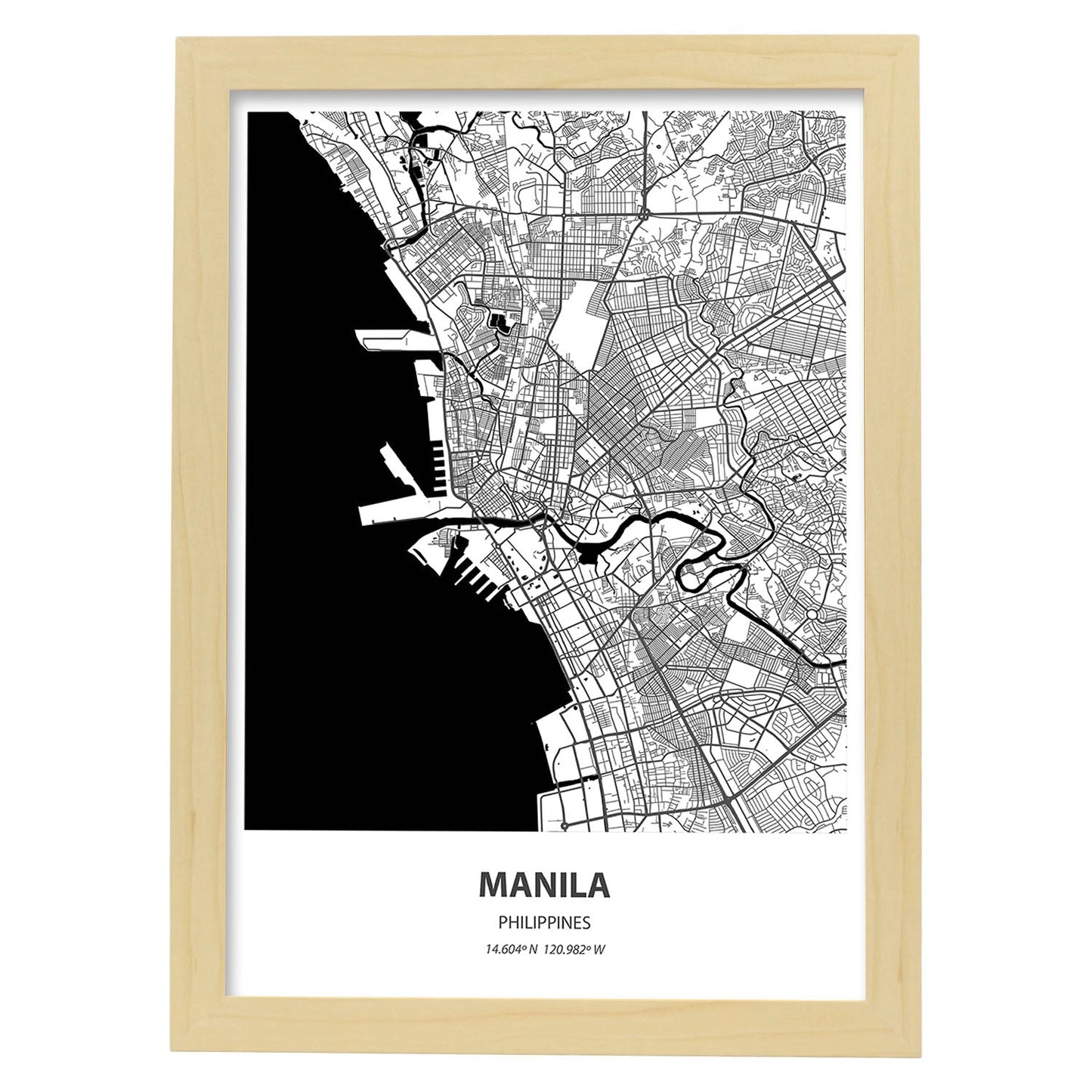 Poster con mapa de Manila - Filipinas. Láminas de ciudades de Asia con mares y ríos en color negro.-Artwork-Nacnic-A3-Marco Madera clara-Nacnic Estudio SL