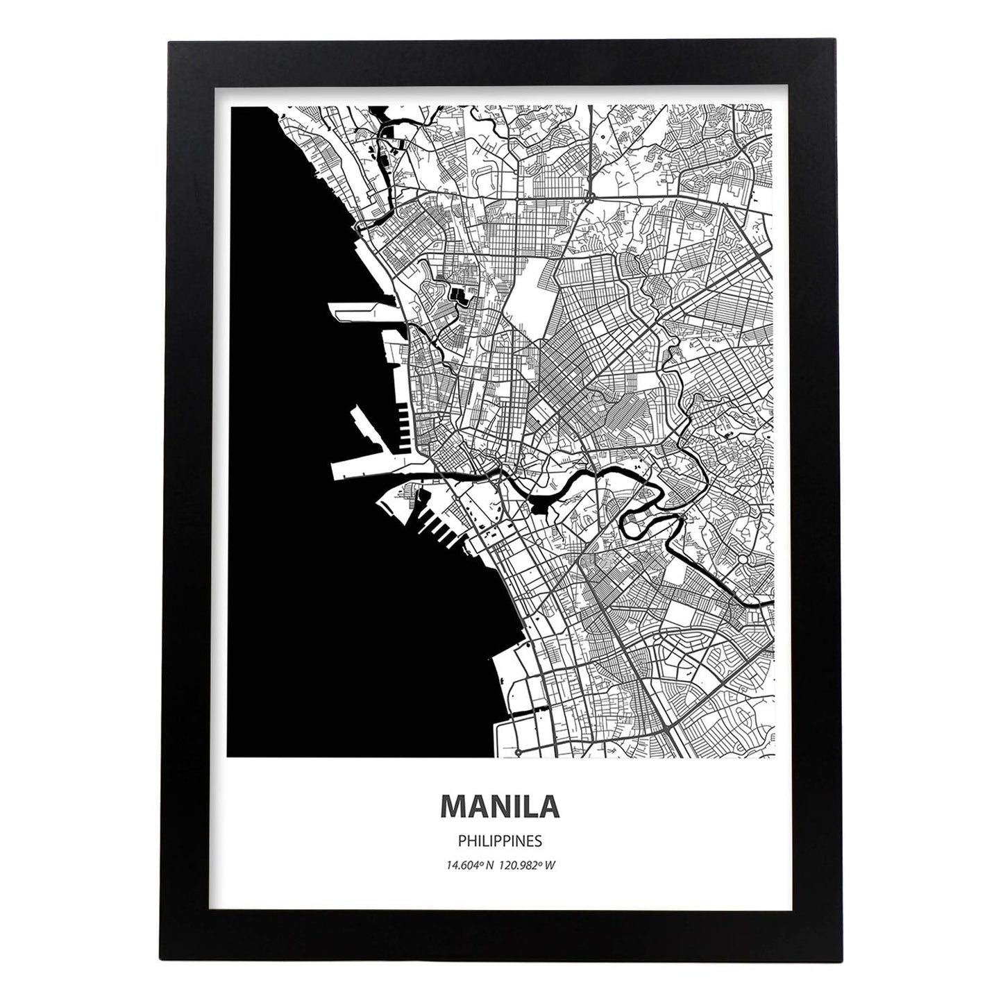 Poster con mapa de Manila - Filipinas. Láminas de ciudades de Asia con mares y ríos en color negro.-Artwork-Nacnic-A3-Marco Negro-Nacnic Estudio SL