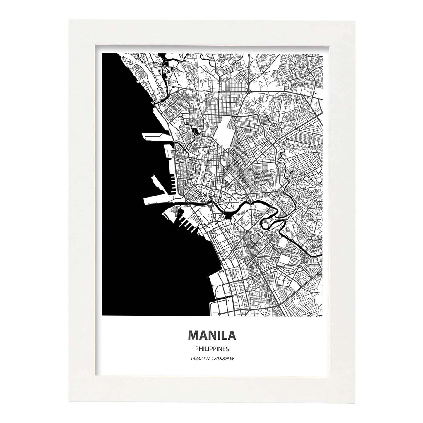 Poster con mapa de Manila - Filipinas. Láminas de ciudades de Asia con mares y ríos en color negro.-Artwork-Nacnic-A4-Marco Blanco-Nacnic Estudio SL