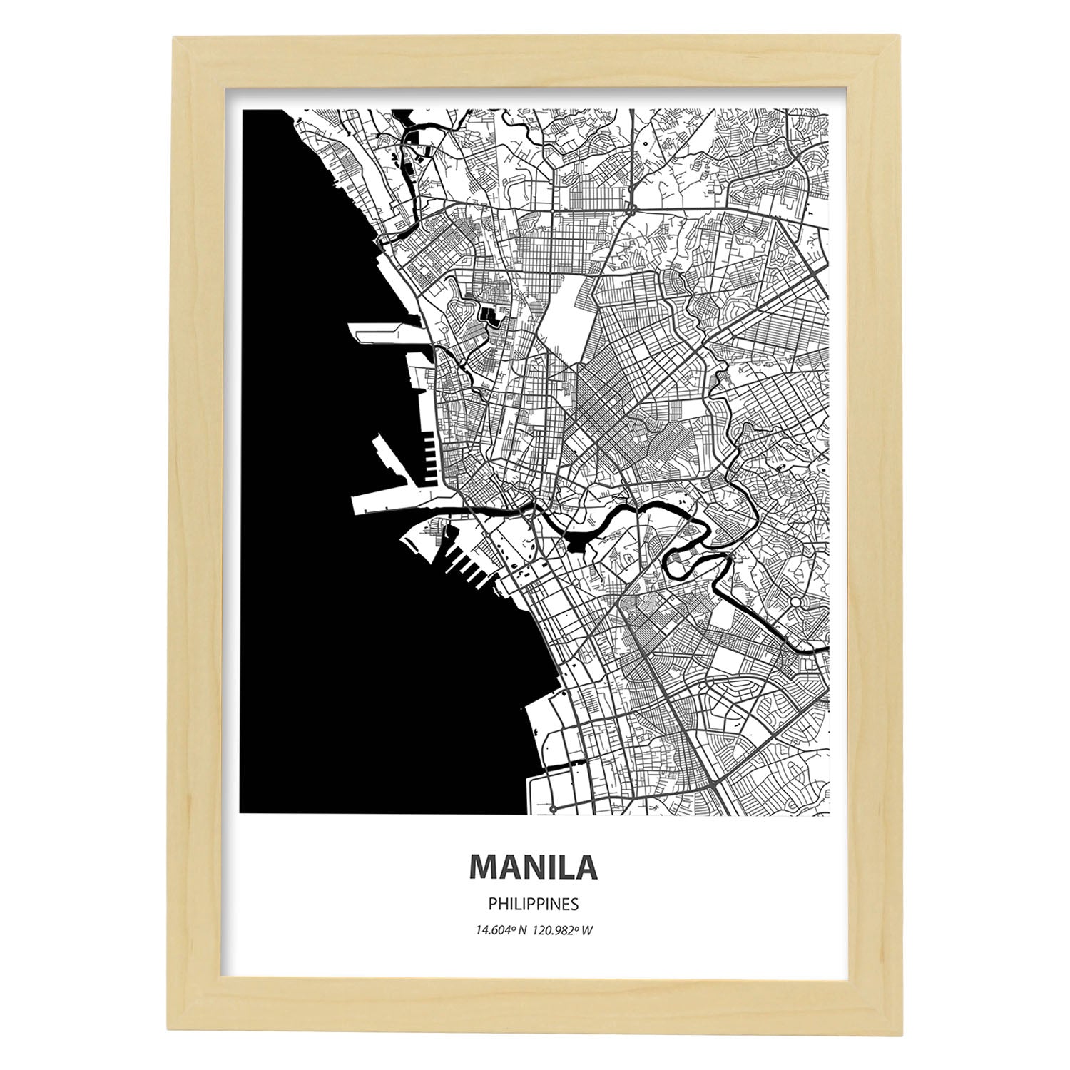 Poster con mapa de Manila - Filipinas. Láminas de ciudades de Asia con mares y ríos en color negro.-Artwork-Nacnic-A4-Marco Madera clara-Nacnic Estudio SL