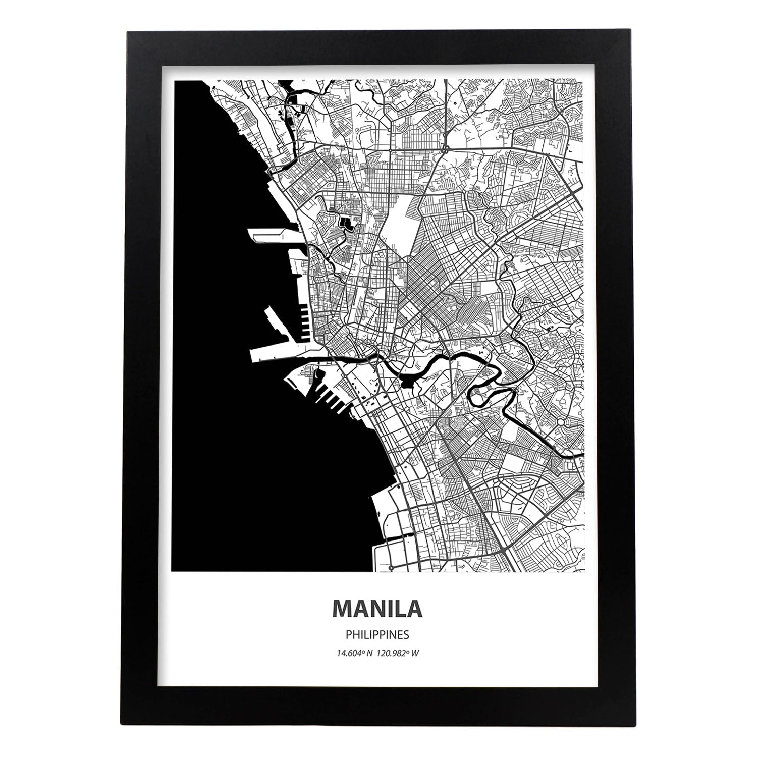 Poster con mapa de Manila - Filipinas. Láminas de ciudades de Asia con mares y ríos en color negro.-Artwork-Nacnic-A4-Marco Negro-Nacnic Estudio SL
