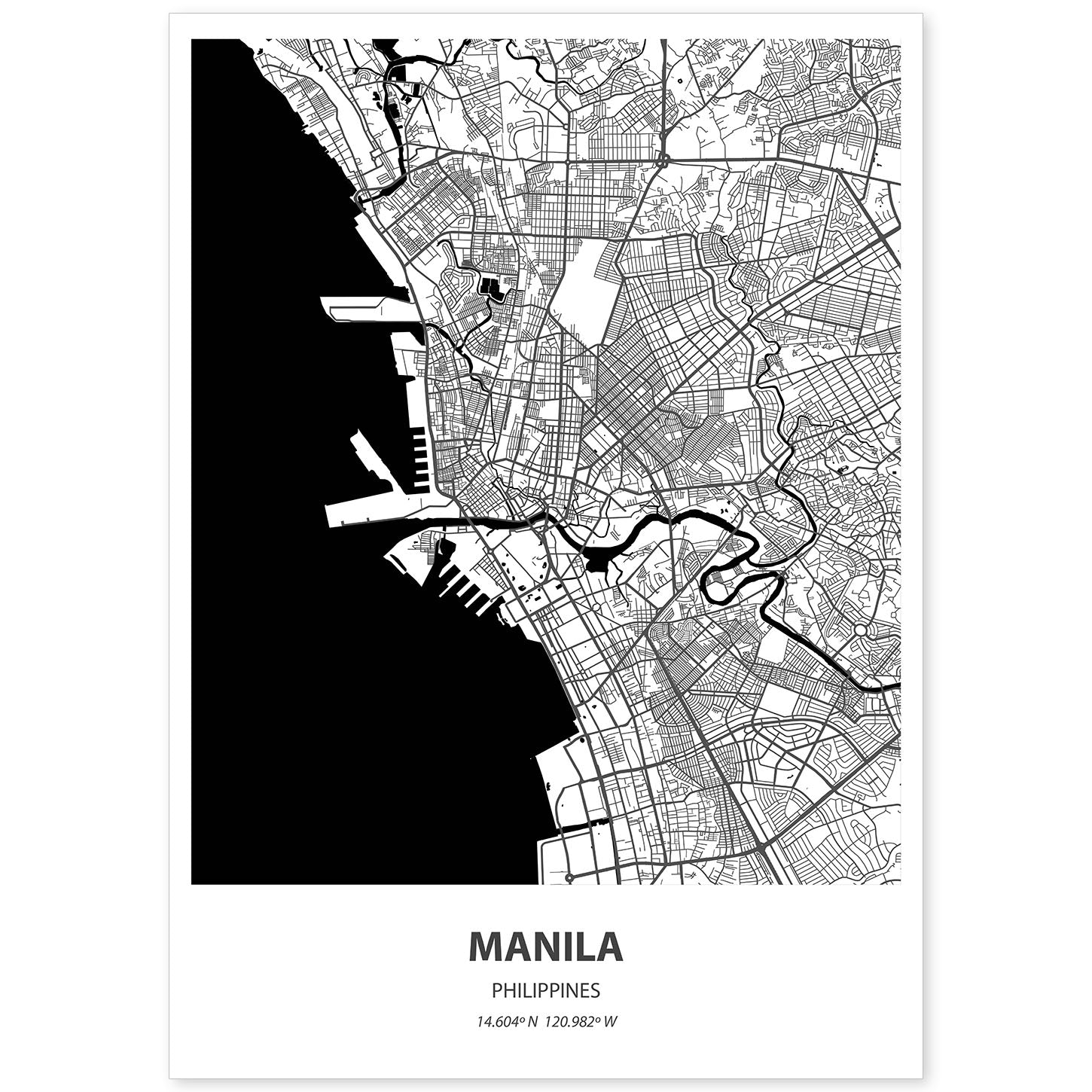 Poster con mapa de Manila - Filipinas. Láminas de ciudades de Asia con mares y ríos en color negro.-Artwork-Nacnic-A4-Sin marco-Nacnic Estudio SL
