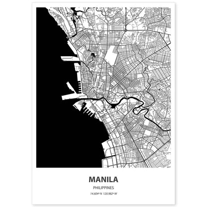 Poster con mapa de Manila - Filipinas. Láminas de ciudades de Asia con mares y ríos en color negro.-Artwork-Nacnic-A4-Sin marco-Nacnic Estudio SL