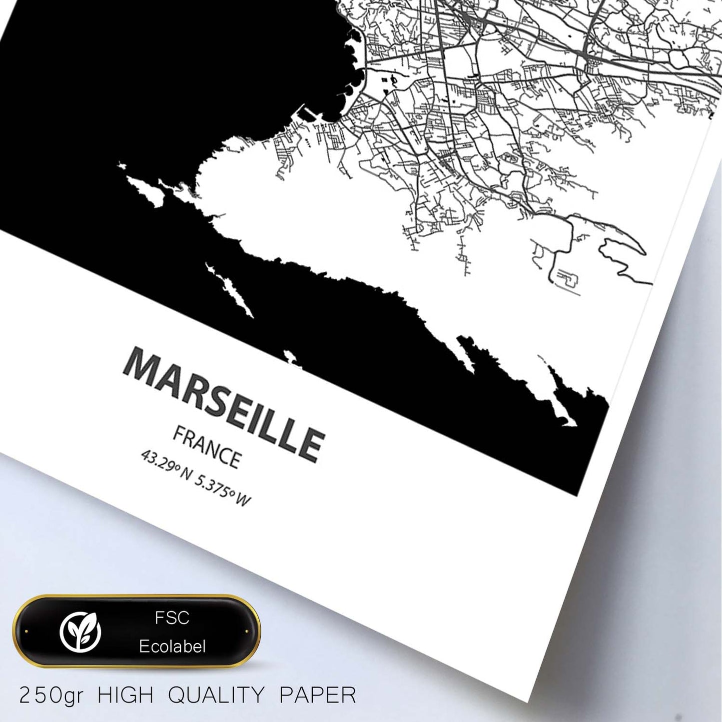 Poster con mapa de Marselle - Francia. Láminas de ciudades de Francia con mares y ríos en color negro.-Artwork-Nacnic-Nacnic Estudio SL