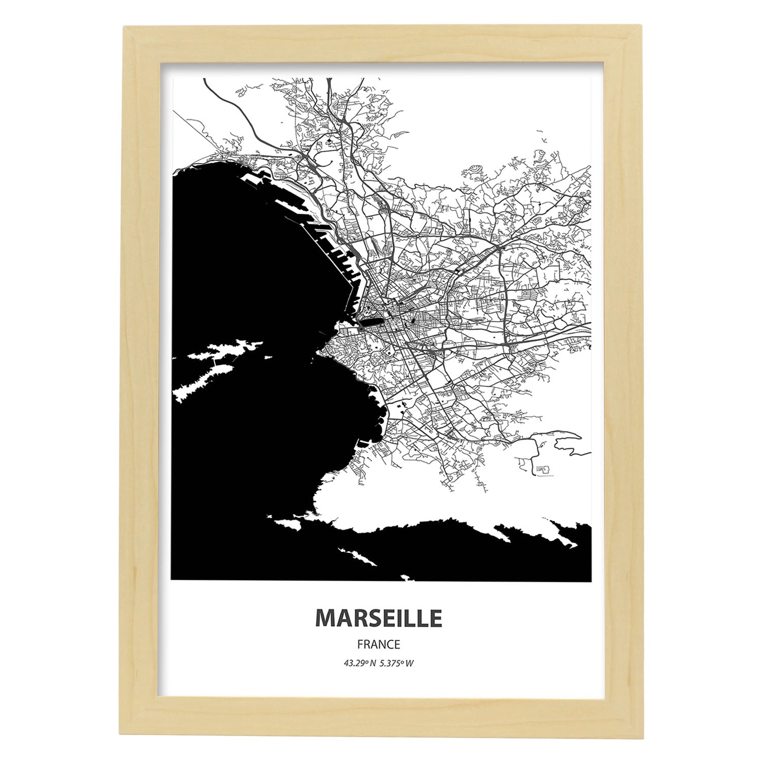 Poster con mapa de Marselle - Francia. Láminas de ciudades de Francia con mares y ríos en color negro.-Artwork-Nacnic-A3-Marco Madera clara-Nacnic Estudio SL