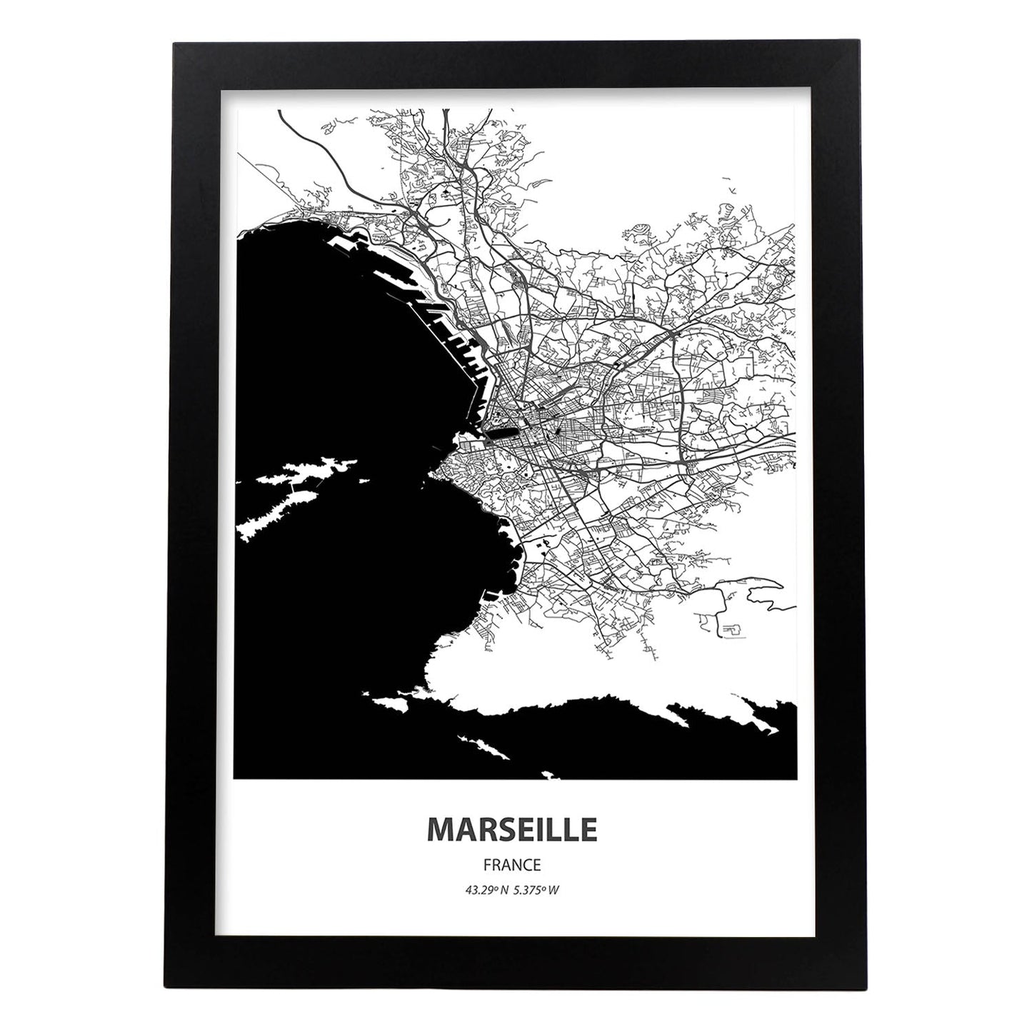 Poster con mapa de Marselle - Francia. Láminas de ciudades de Francia con mares y ríos en color negro.-Artwork-Nacnic-A3-Marco Negro-Nacnic Estudio SL