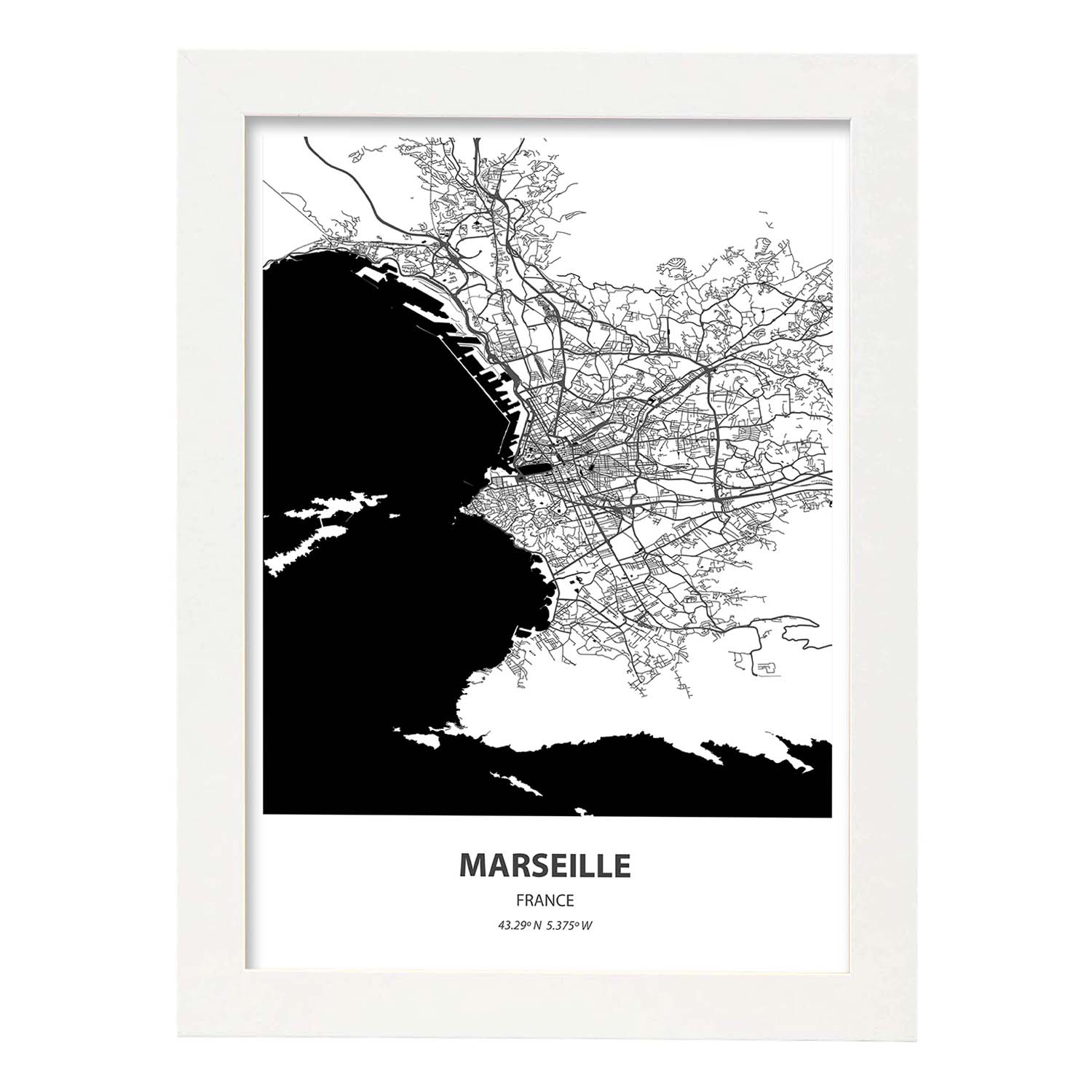 Poster con mapa de Marselle - Francia. Láminas de ciudades de Francia con mares y ríos en color negro.-Artwork-Nacnic-A4-Marco Blanco-Nacnic Estudio SL
