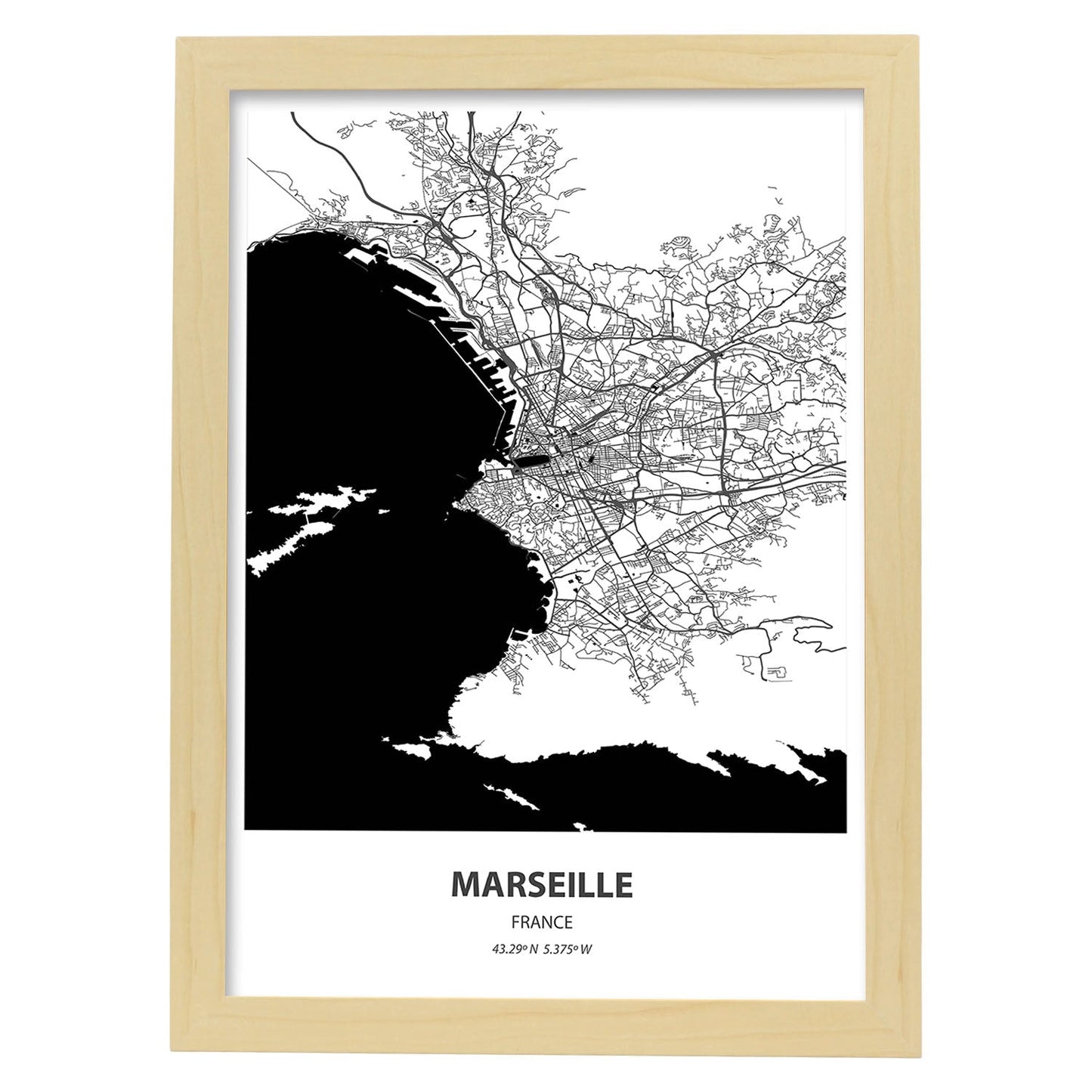 Poster con mapa de Marselle - Francia. Láminas de ciudades de Francia con mares y ríos en color negro.-Artwork-Nacnic-A4-Marco Madera clara-Nacnic Estudio SL