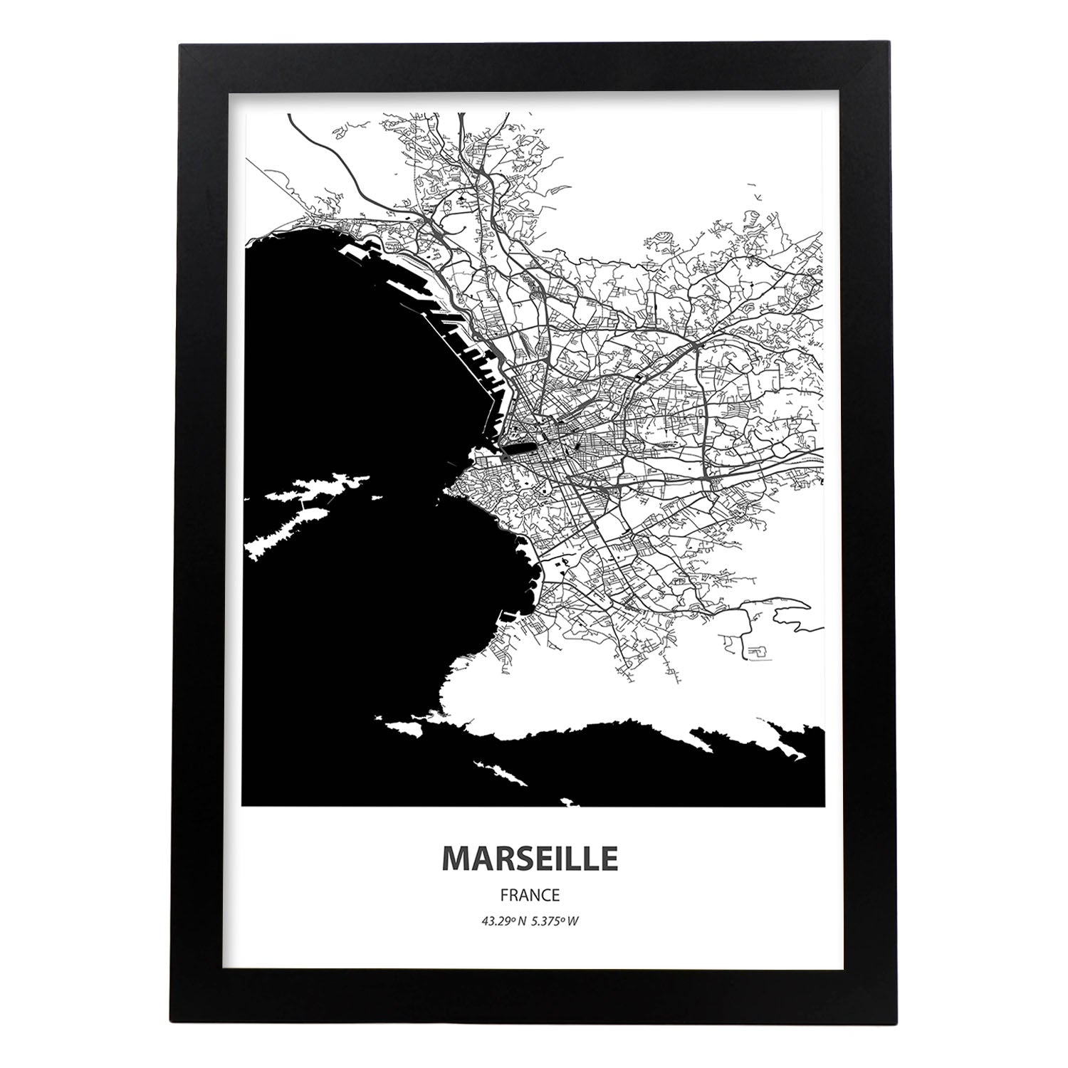 Poster con mapa de Marselle - Francia. Láminas de ciudades de Francia con mares y ríos en color negro.-Artwork-Nacnic-A4-Marco Negro-Nacnic Estudio SL