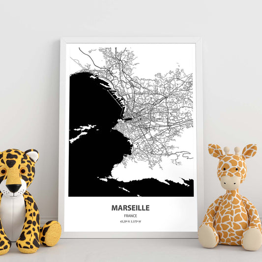Poster con mapa de Marselle - Francia. Láminas de ciudades de Francia con mares y ríos en color negro.-Artwork-Nacnic-Nacnic Estudio SL