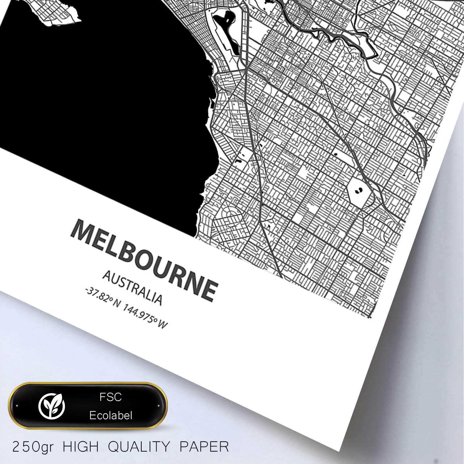 Poster con mapa de Melbourne - Australia. Láminas de ciudades de Australia con mares y ríos en color negro.-Artwork-Nacnic-Nacnic Estudio SL
