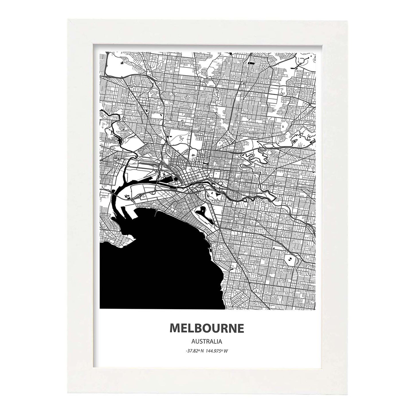 Poster con mapa de Melbourne - Australia. Láminas de ciudades de Australia con mares y ríos en color negro.-Artwork-Nacnic-A3-Marco Blanco-Nacnic Estudio SL