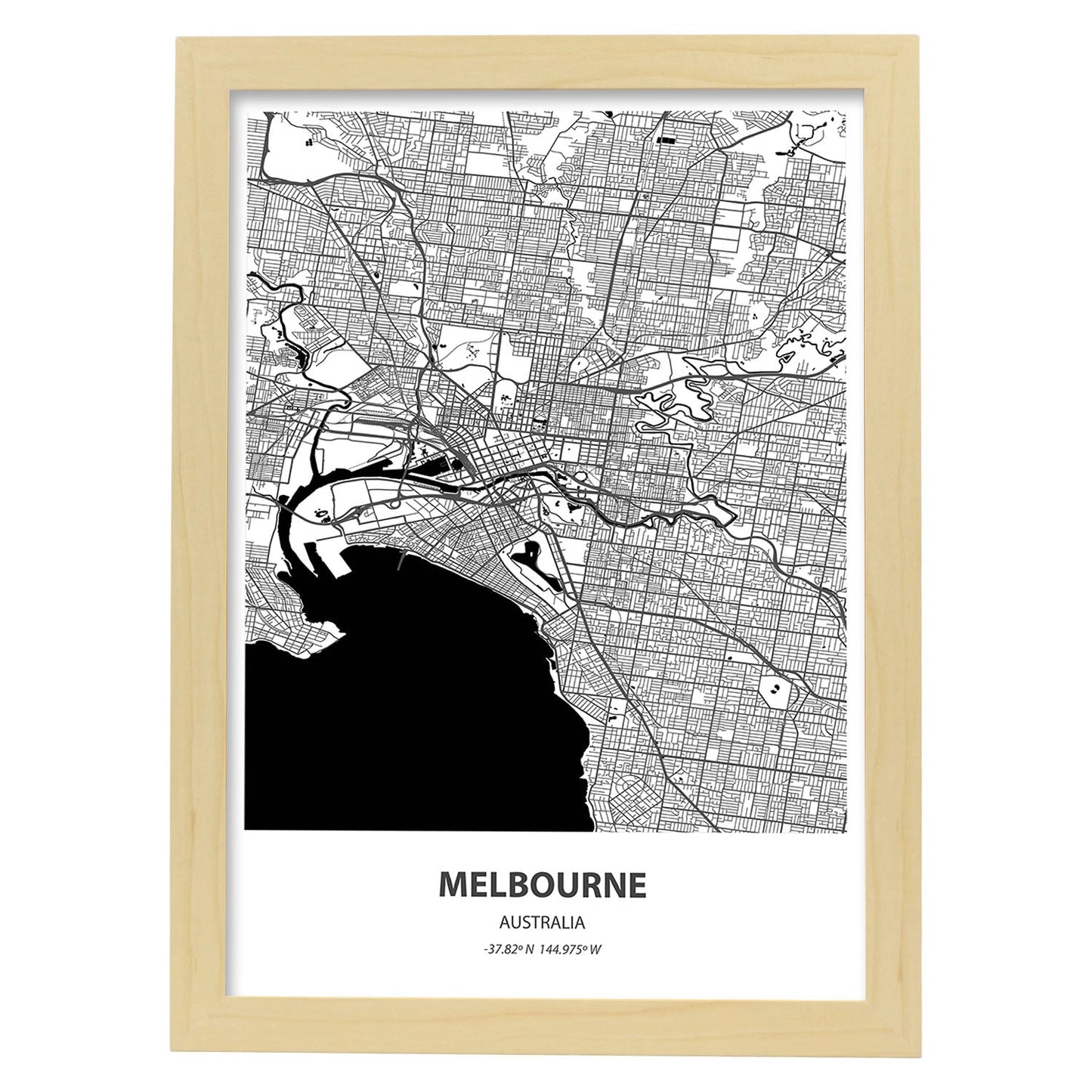Poster con mapa de Melbourne - Australia. Láminas de ciudades de Australia con mares y ríos en color negro.-Artwork-Nacnic-A3-Marco Madera clara-Nacnic Estudio SL