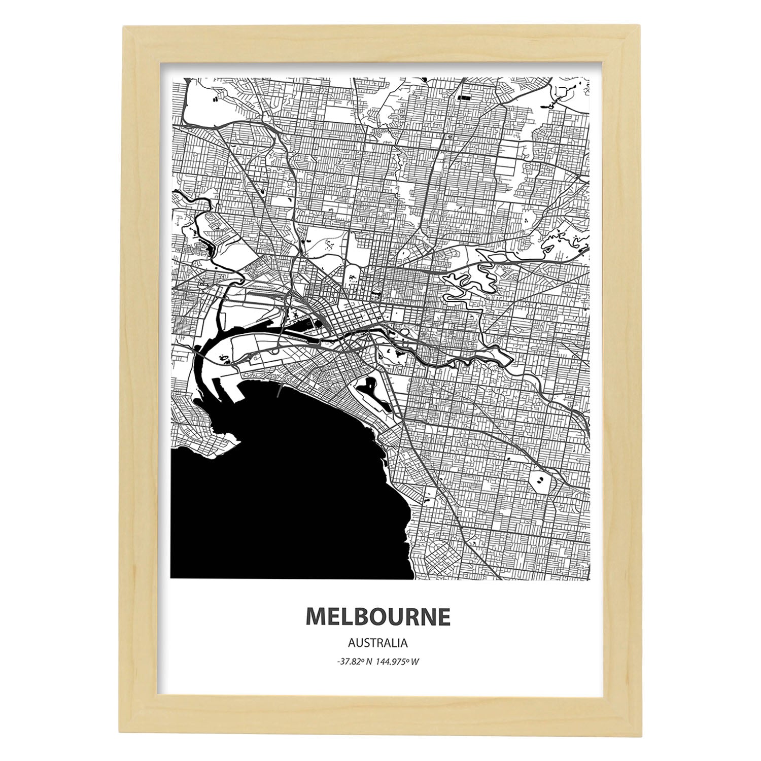 Poster con mapa de Melbourne - Australia. Láminas de ciudades de Australia con mares y ríos en color negro.-Artwork-Nacnic-A3-Marco Madera clara-Nacnic Estudio SL