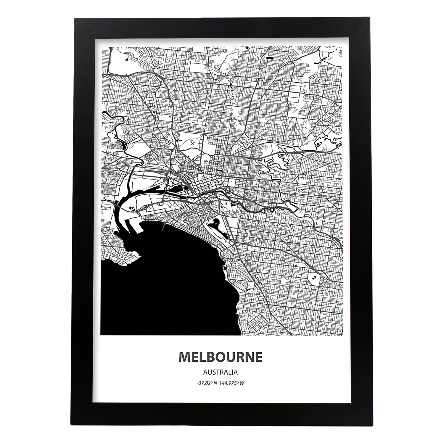 Poster con mapa de Melbourne - Australia. Láminas de ciudades de Australia con mares y ríos en color negro.-Artwork-Nacnic-A3-Marco Negro-Nacnic Estudio SL