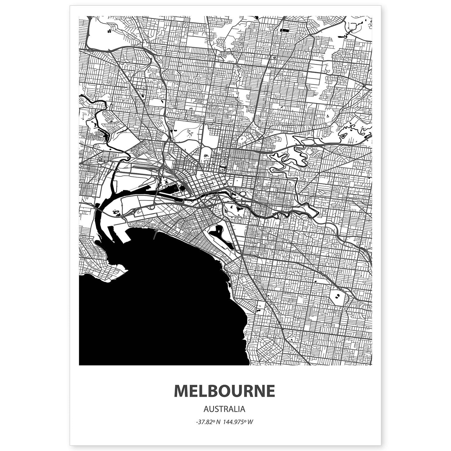 Poster con mapa de Melbourne - Australia. Láminas de ciudades de Australia con mares y ríos en color negro.-Artwork-Nacnic-A4-Sin marco-Nacnic Estudio SL