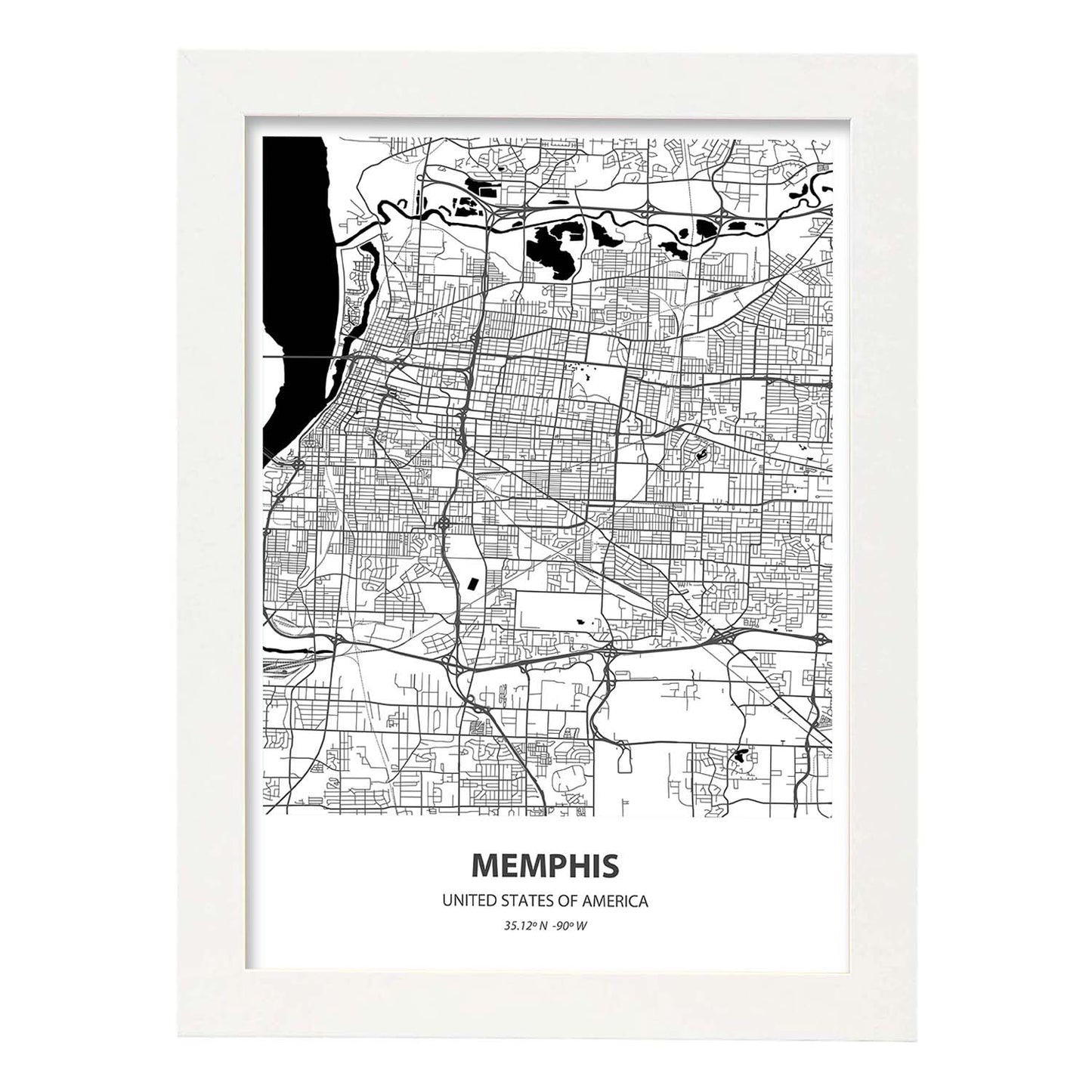 Poster con mapa de Memphis - USA. Láminas de ciudades de Estados Unidos con mares y ríos en color negro.-Artwork-Nacnic-A3-Marco Blanco-Nacnic Estudio SL