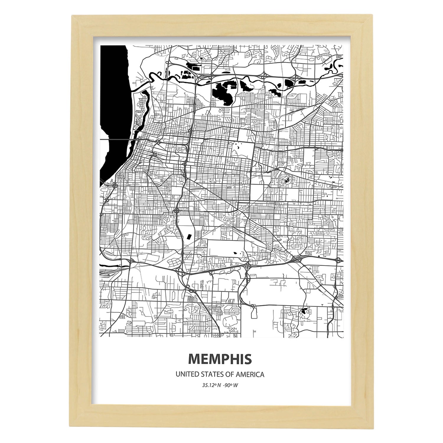 Poster con mapa de Memphis - USA. Láminas de ciudades de Estados Unidos con mares y ríos en color negro.-Artwork-Nacnic-A3-Marco Madera clara-Nacnic Estudio SL