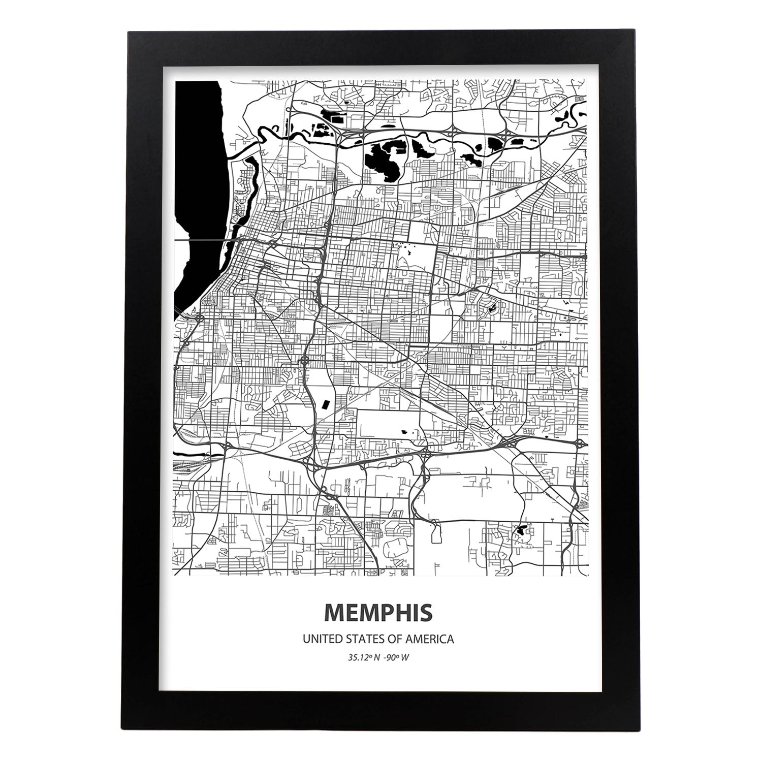 Poster con mapa de Memphis - USA. Láminas de ciudades de Estados Unidos con mares y ríos en color negro.-Artwork-Nacnic-A3-Marco Negro-Nacnic Estudio SL