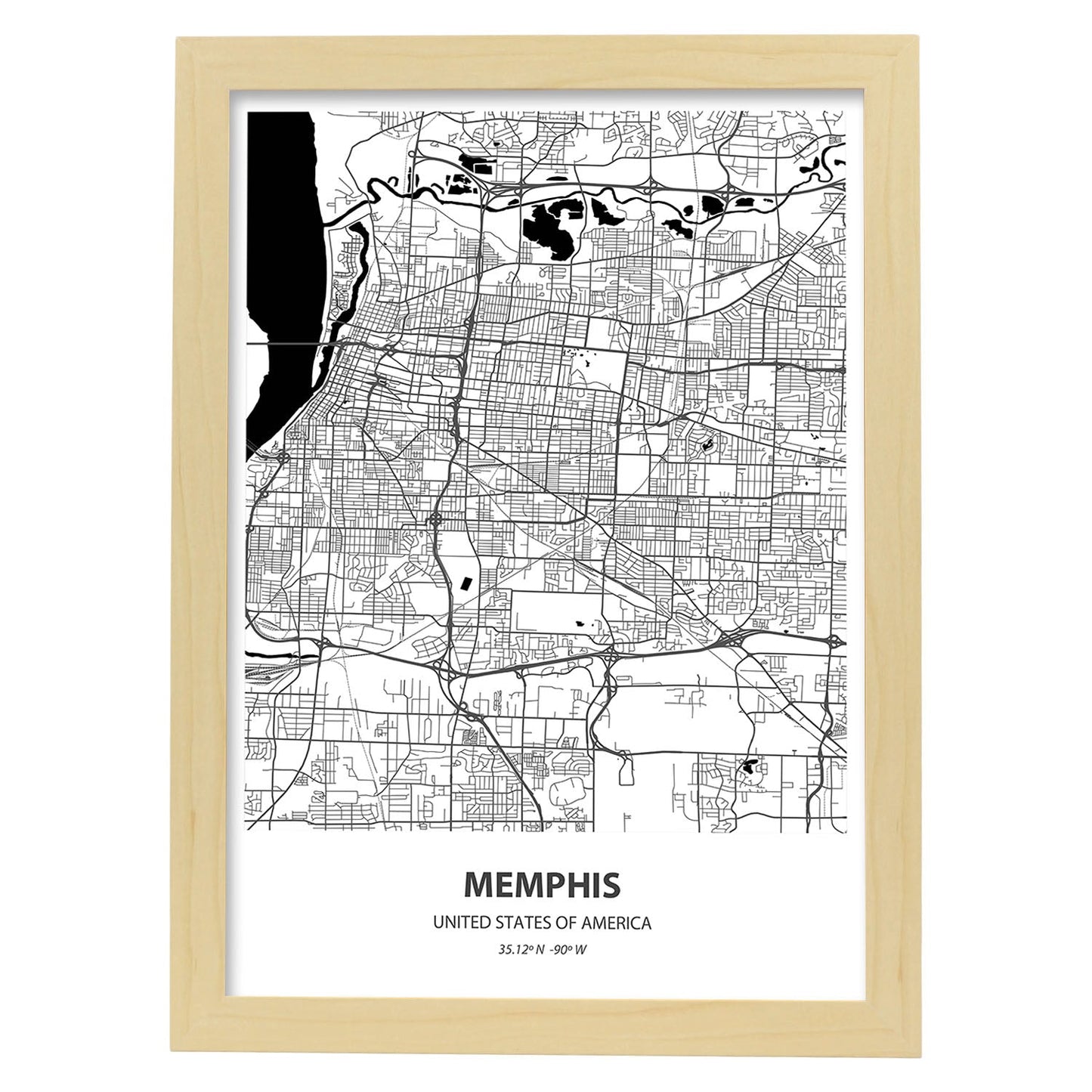 Poster con mapa de Memphis - USA. Láminas de ciudades de Estados Unidos con mares y ríos en color negro.-Artwork-Nacnic-A4-Marco Madera clara-Nacnic Estudio SL