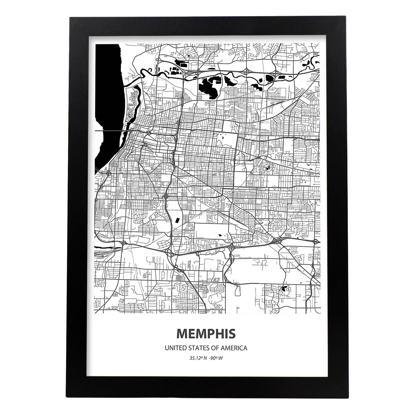 Poster con mapa de Memphis - USA. Láminas de ciudades de Estados Unidos con mares y ríos en color negro.-Artwork-Nacnic-A4-Marco Negro-Nacnic Estudio SL
