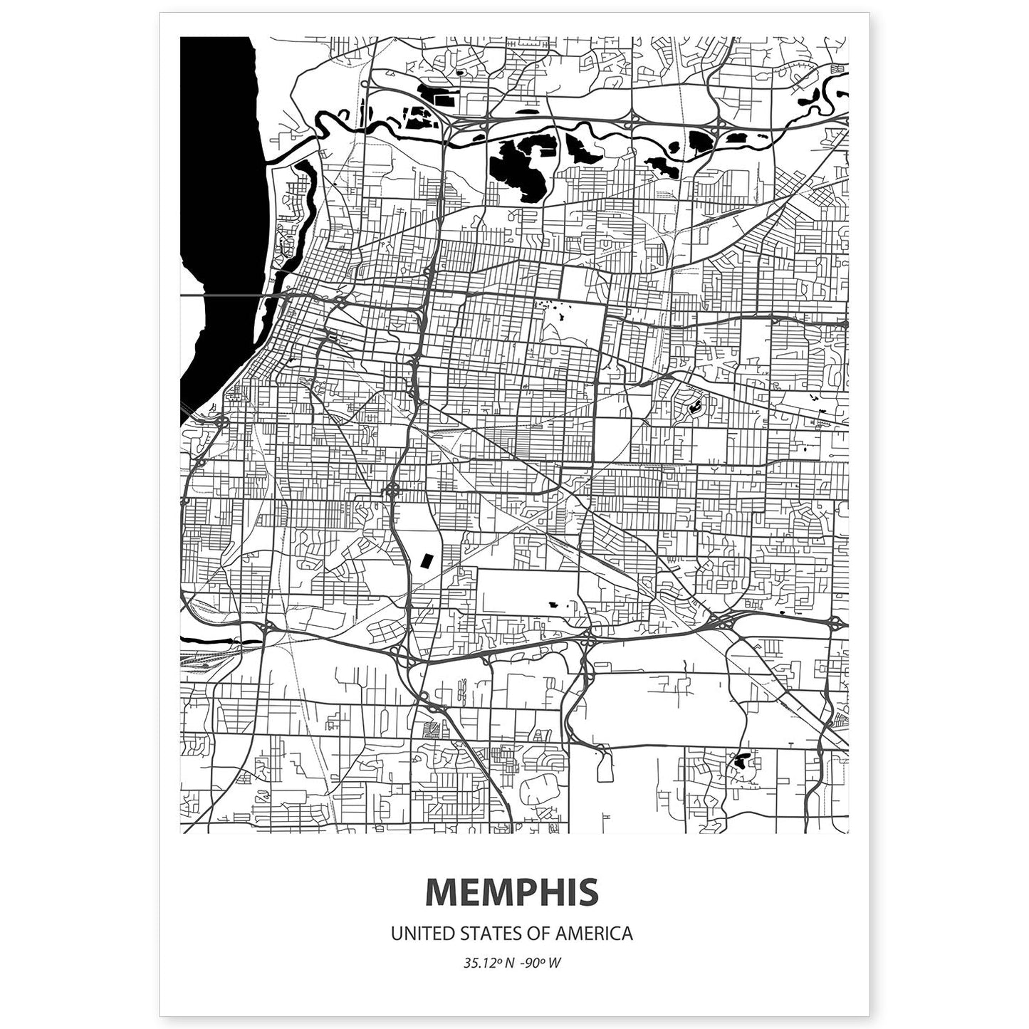 Poster con mapa de Memphis - USA. Láminas de ciudades de Estados Unidos con mares y ríos en color negro.-Artwork-Nacnic-A4-Sin marco-Nacnic Estudio SL