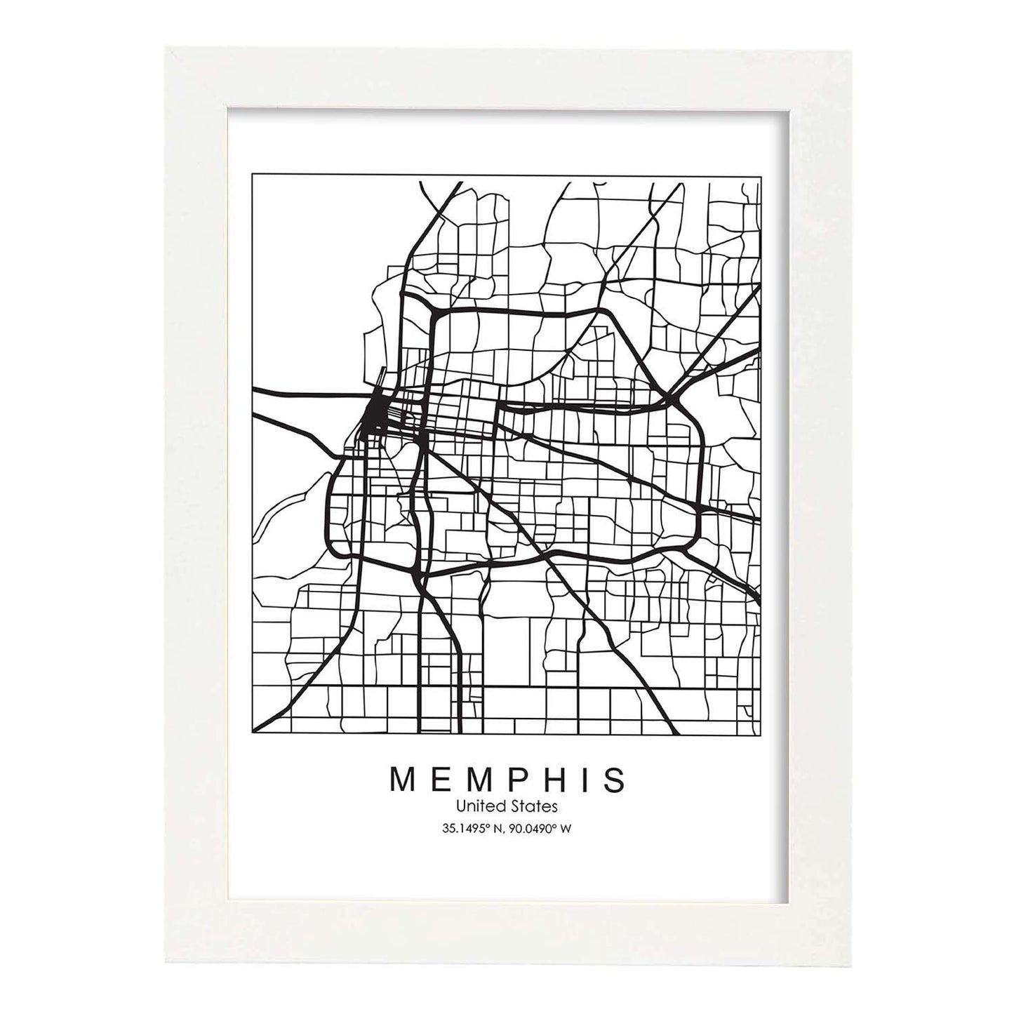 Poster con mapa de Memphis. Lámina de Estados Unidos, con imágenes de mapas y carreteras-Artwork-Nacnic-A3-Marco Blanco-Nacnic Estudio SL