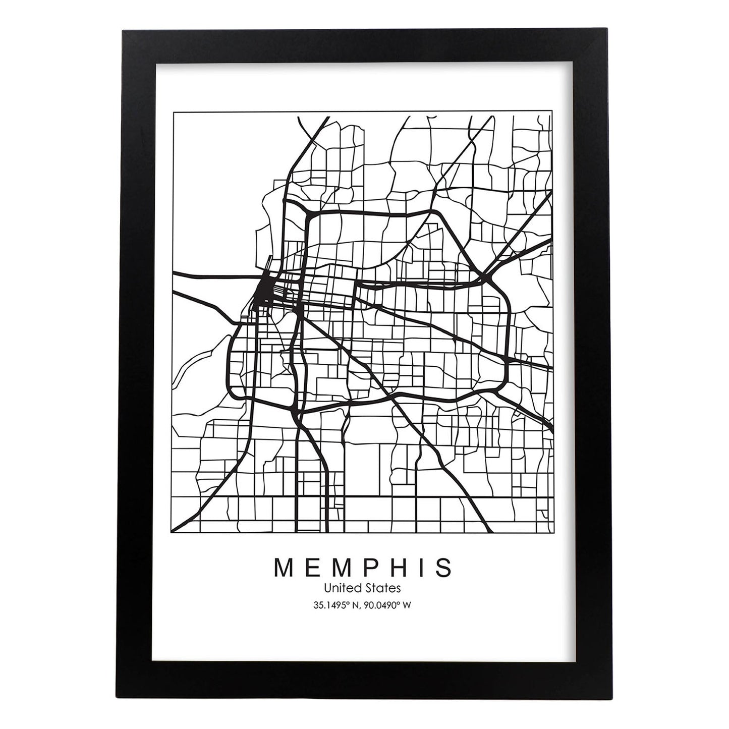 Poster con mapa de Memphis. Lámina de Estados Unidos, con imágenes de mapas y carreteras-Artwork-Nacnic-A3-Marco Negro-Nacnic Estudio SL