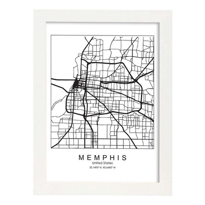 Poster con mapa de Memphis. Lámina de Estados Unidos, con imágenes de mapas y carreteras-Artwork-Nacnic-A4-Marco Blanco-Nacnic Estudio SL