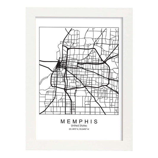 Poster con mapa de Memphis. Lámina de Estados Unidos, con imágenes de mapas y carreteras-Artwork-Nacnic-A4-Marco Blanco-Nacnic Estudio SL