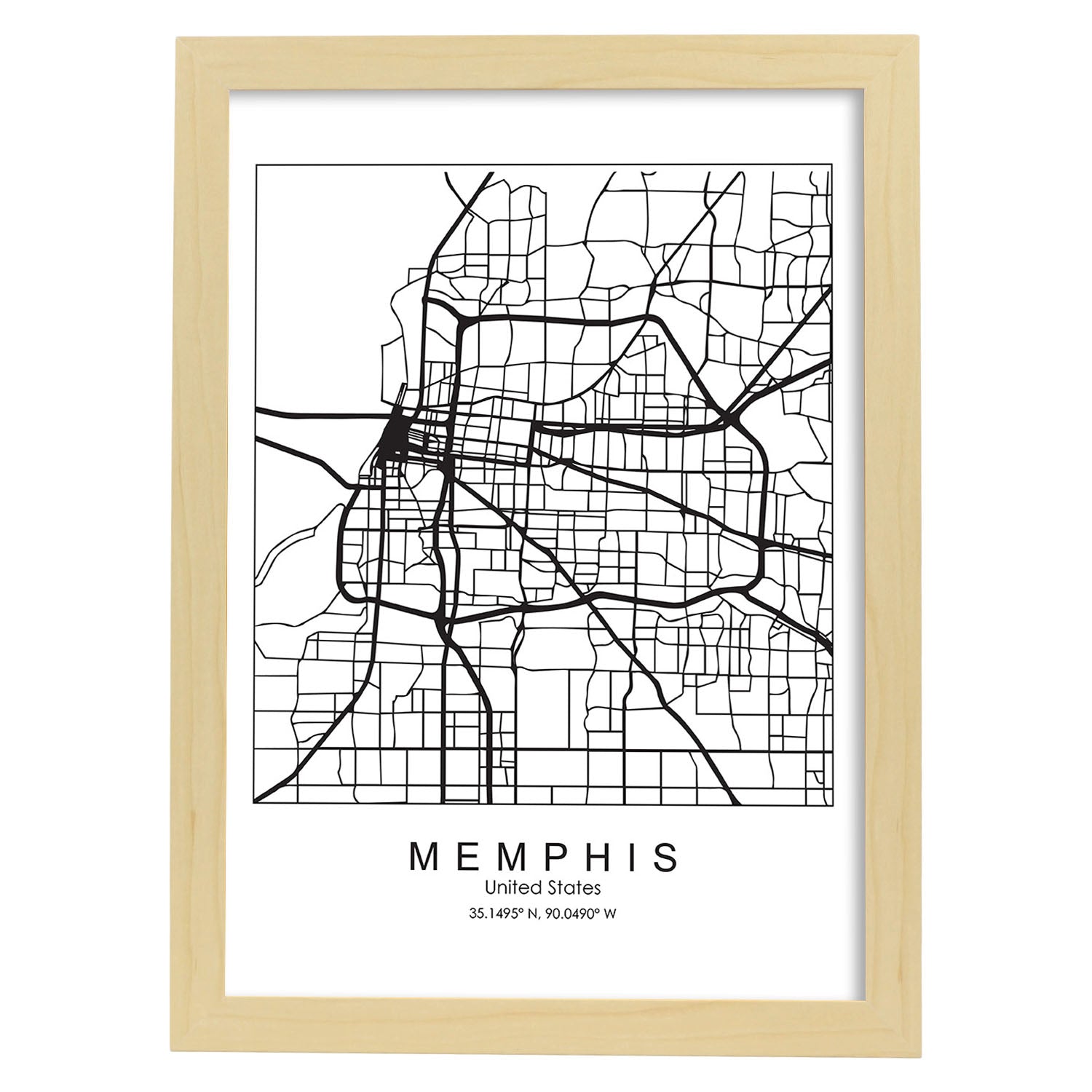 Poster con mapa de Memphis. Lámina de Estados Unidos, con imágenes de mapas y carreteras-Artwork-Nacnic-A4-Marco Madera clara-Nacnic Estudio SL