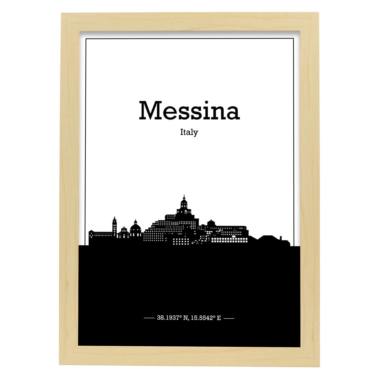 Poster con mapa de Messina - Italia. Láminas con Skyline de ciudades de Italia con sombra negra.-Artwork-Nacnic-A3-Marco Madera clara-Nacnic Estudio SL