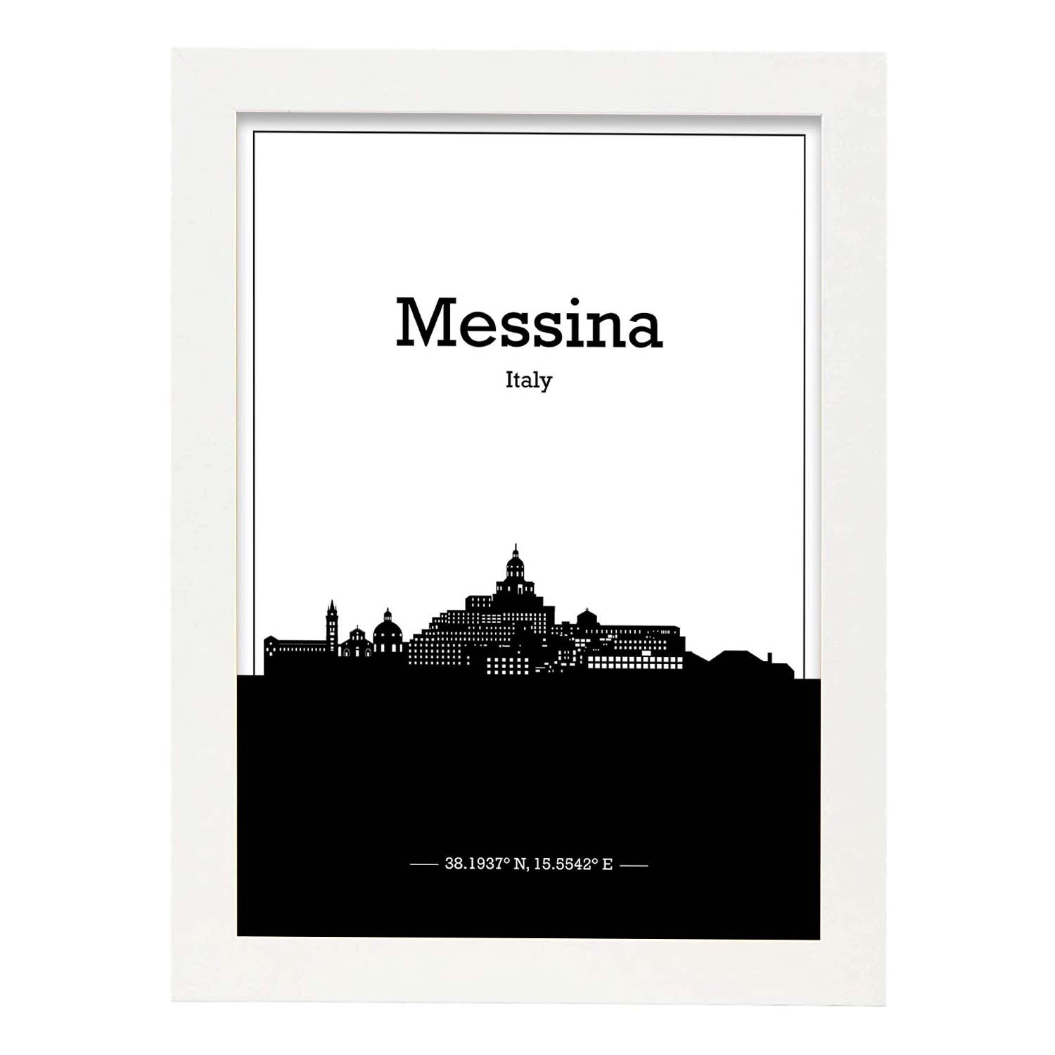 Poster con mapa de Messina - Italia. Láminas con Skyline de ciudades de Italia con sombra negra.-Artwork-Nacnic-A4-Marco Blanco-Nacnic Estudio SL