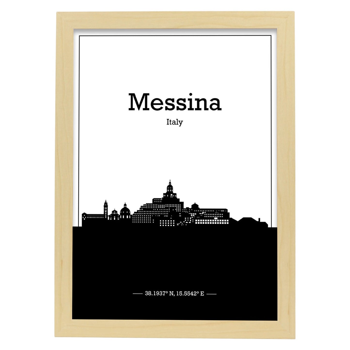 Poster con mapa de Messina - Italia. Láminas con Skyline de ciudades de Italia con sombra negra.-Artwork-Nacnic-A4-Marco Madera clara-Nacnic Estudio SL