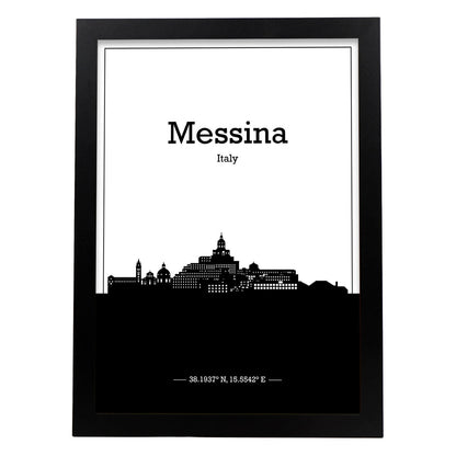 Poster con mapa de Messina - Italia. Láminas con Skyline de ciudades de Italia con sombra negra.-Artwork-Nacnic-A4-Marco Negro-Nacnic Estudio SL