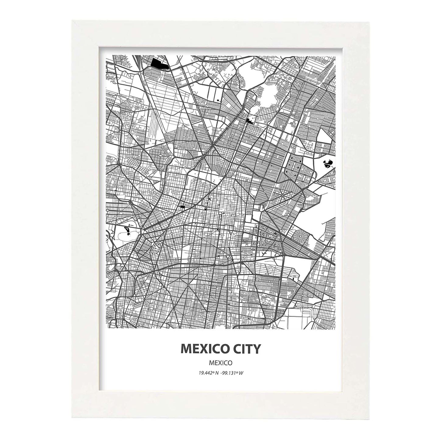 Poster con mapa de Mexico City - Mexico. Láminas de ciudades de Latinoamérica con mares y ríos en color negro.-Artwork-Nacnic-A3-Marco Blanco-Nacnic Estudio SL