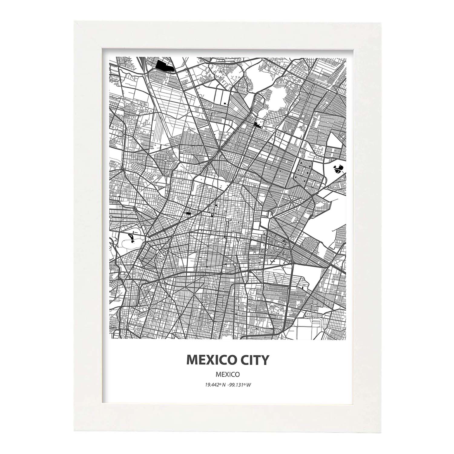 Poster con mapa de Mexico City - Mexico. Láminas de ciudades de Latinoamérica con mares y ríos en color negro.-Artwork-Nacnic-A3-Marco Blanco-Nacnic Estudio SL