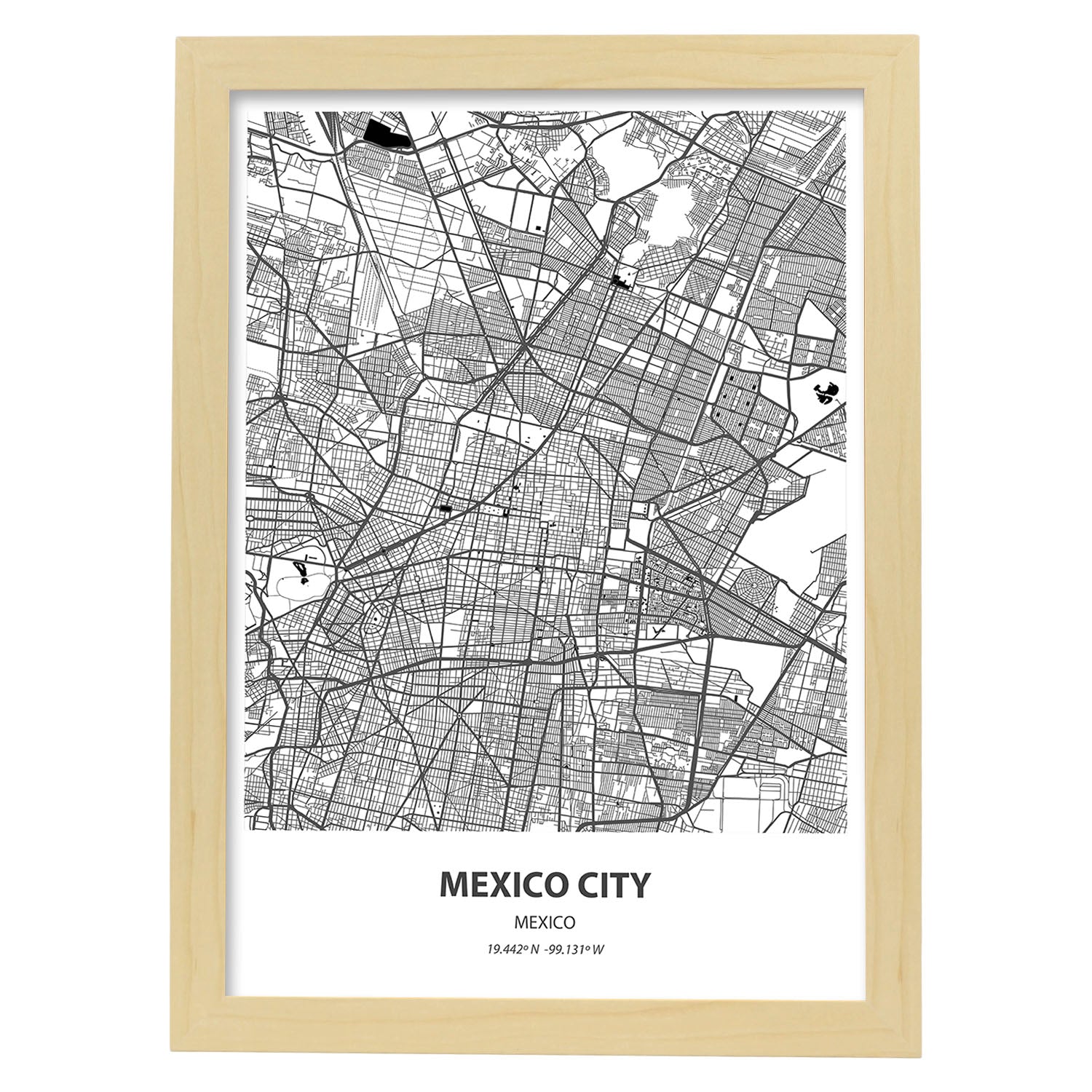 Poster con mapa de Mexico City - Mexico. Láminas de ciudades de Latinoamérica con mares y ríos en color negro.-Artwork-Nacnic-A3-Marco Madera clara-Nacnic Estudio SL