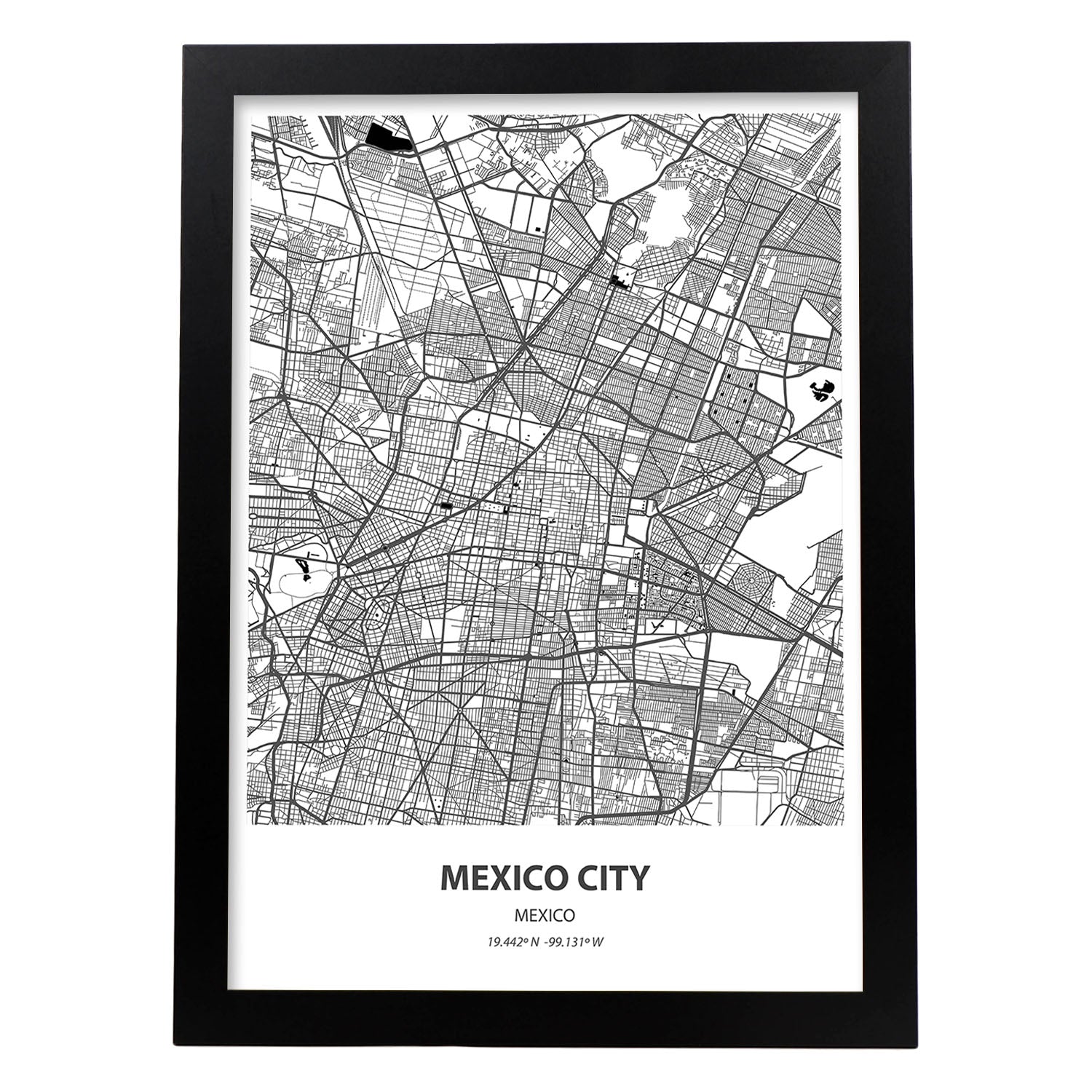 Poster con mapa de Mexico City - Mexico. Láminas de ciudades de Latinoamérica con mares y ríos en color negro.-Artwork-Nacnic-A3-Marco Negro-Nacnic Estudio SL