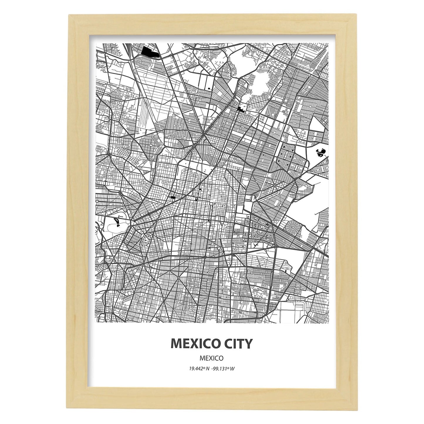 Poster con mapa de Mexico City - Mexico. Láminas de ciudades de Latinoamérica con mares y ríos en color negro.-Artwork-Nacnic-A4-Marco Madera clara-Nacnic Estudio SL