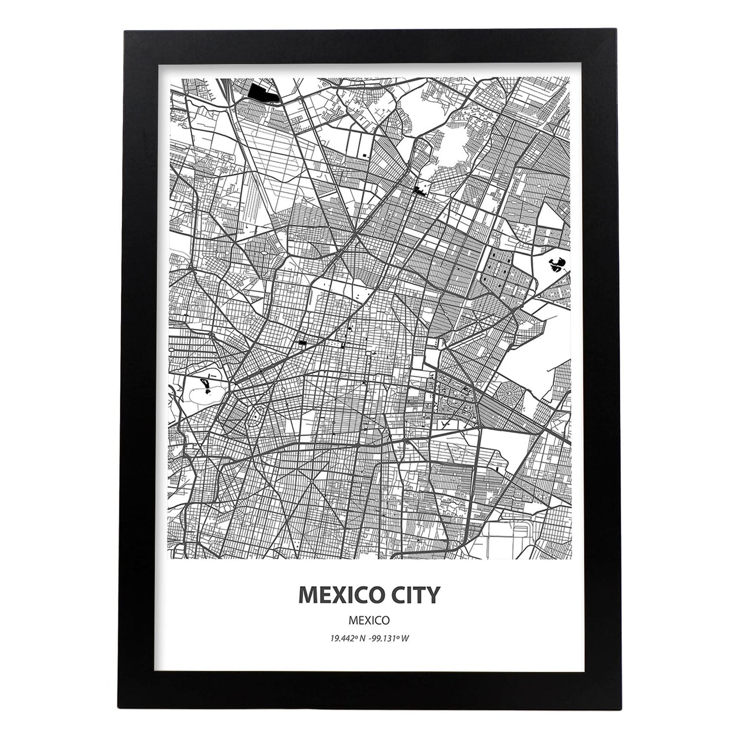Poster con mapa de Mexico City - Mexico. Láminas de ciudades de Latinoamérica con mares y ríos en color negro.-Artwork-Nacnic-A4-Marco Negro-Nacnic Estudio SL