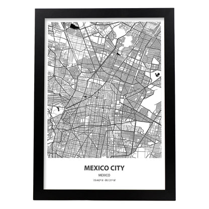 Poster con mapa de Mexico City - Mexico. Láminas de ciudades de Latinoamérica con mares y ríos en color negro.-Artwork-Nacnic-A4-Marco Negro-Nacnic Estudio SL