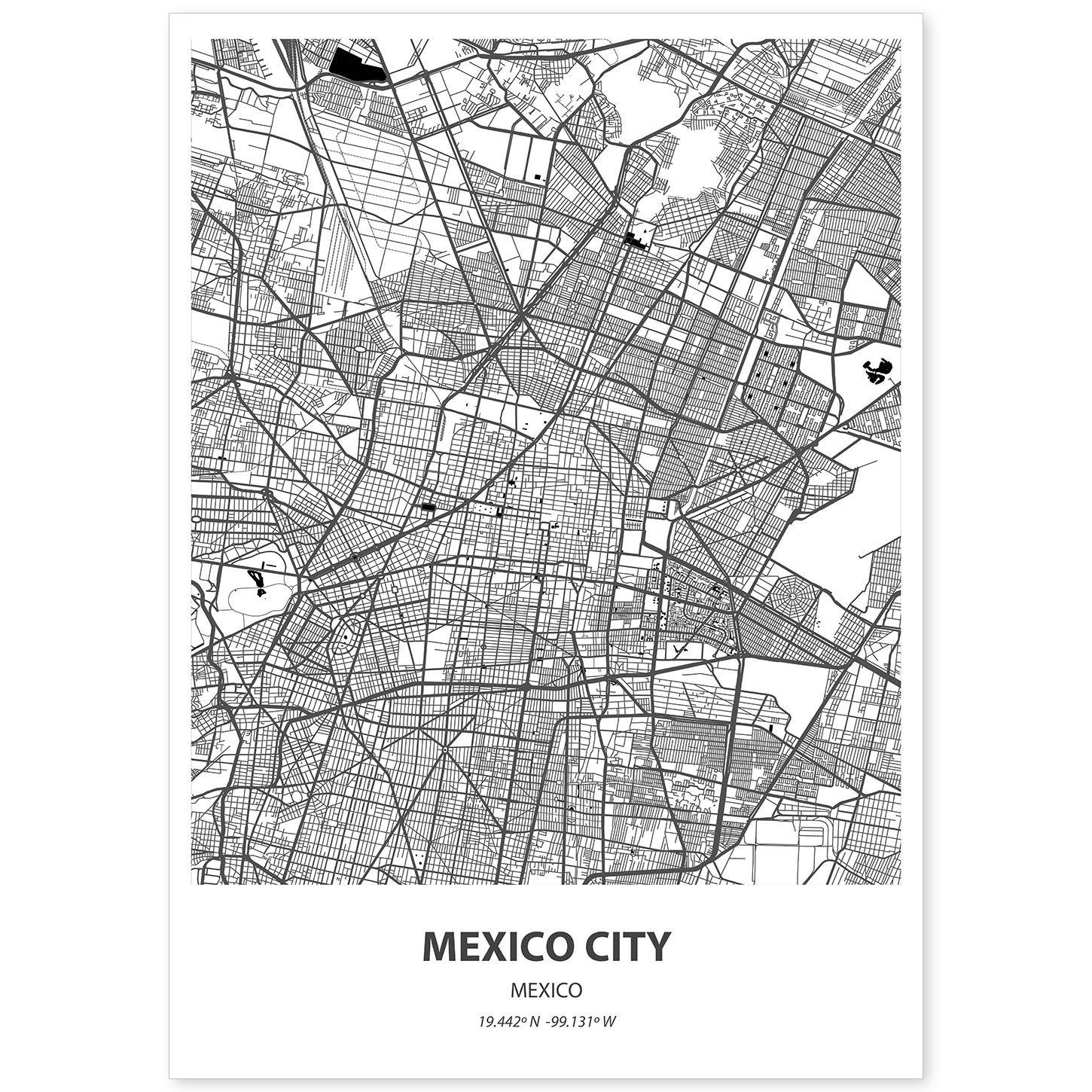 Poster con mapa de Mexico City - Mexico. Láminas de ciudades de Latinoamérica con mares y ríos en color negro.-Artwork-Nacnic-A4-Sin marco-Nacnic Estudio SL