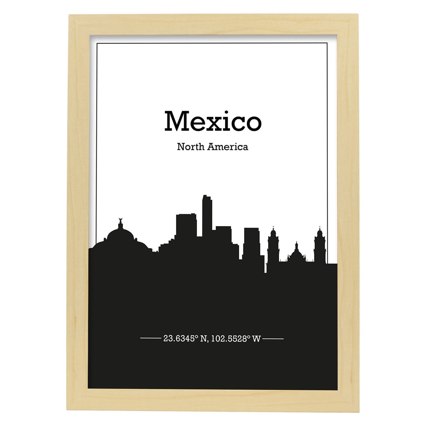 Poster con mapa de Mexico - Na. Láminas con Skyline de ciudades de Estados Unidos, Canada, Mexico con sombra negra.-Artwork-Nacnic-A3-Marco Madera clara-Nacnic Estudio SL