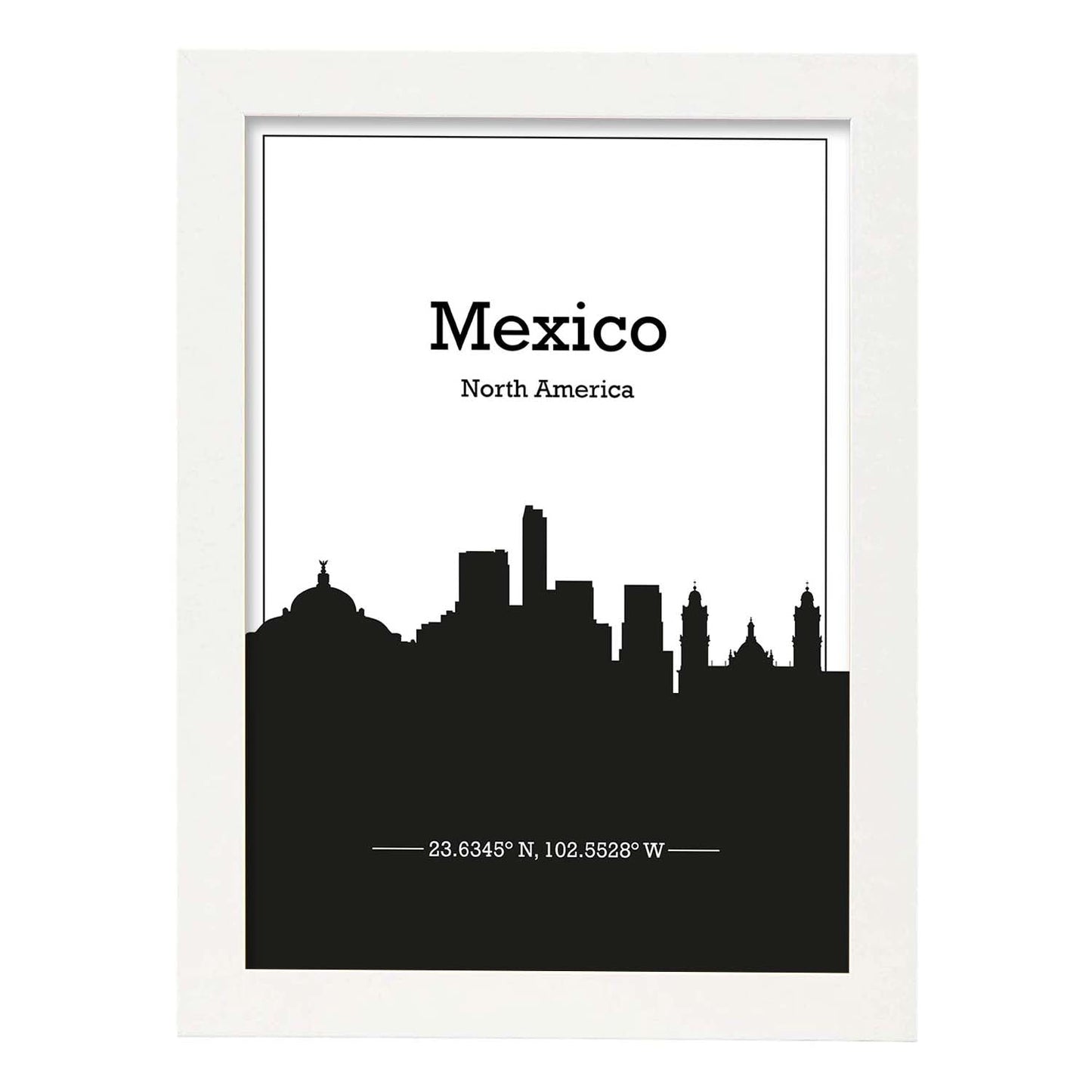 Poster con mapa de Mexico - Na. Láminas con Skyline de ciudades de Estados Unidos, Canada, Mexico con sombra negra.-Artwork-Nacnic-A4-Marco Blanco-Nacnic Estudio SL