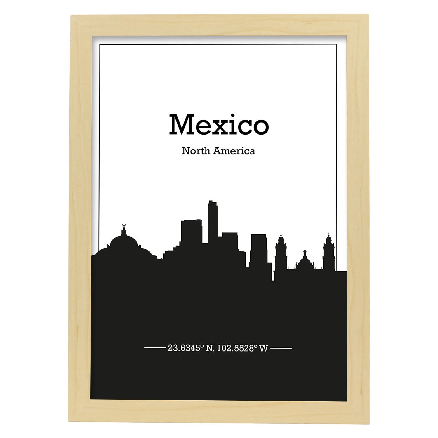 Poster con mapa de Mexico - Na. Láminas con Skyline de ciudades de Estados Unidos, Canada, Mexico con sombra negra.-Artwork-Nacnic-A4-Marco Madera clara-Nacnic Estudio SL