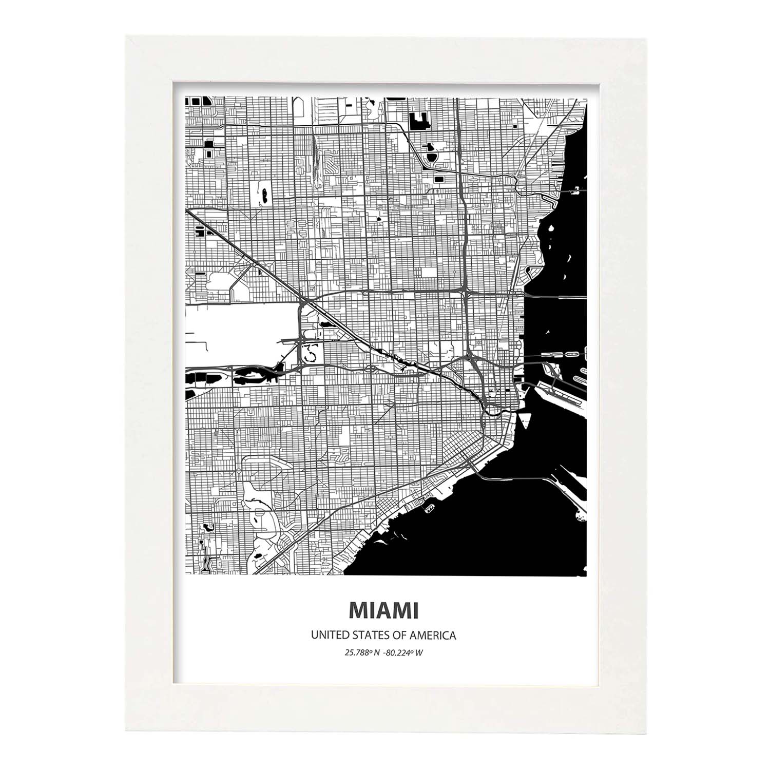 Poster con mapa de Miami - USA. Láminas de ciudades de Estados Unidos con mares y ríos en color negro.-Artwork-Nacnic-A3-Marco Blanco-Nacnic Estudio SL